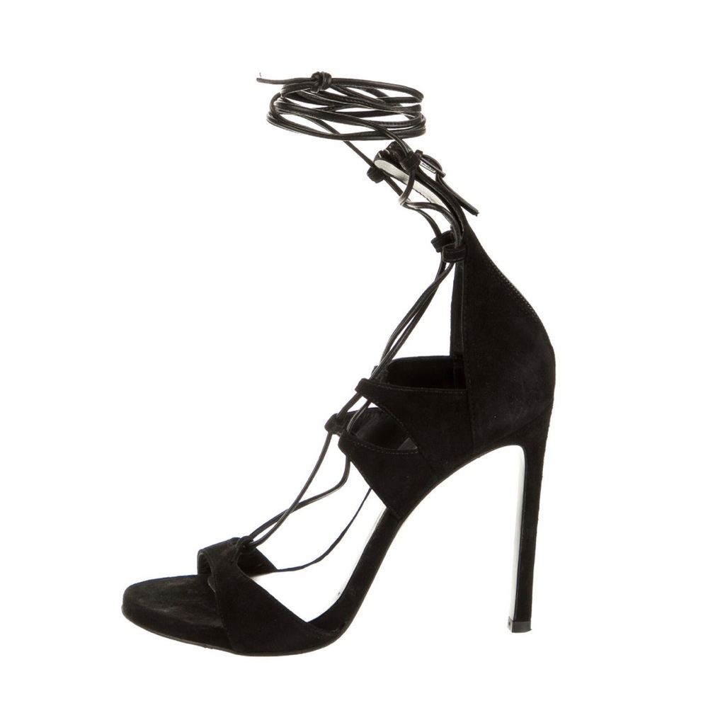 Super sexy Stuart Weitzman black suede cut out accent T strap heels size 8